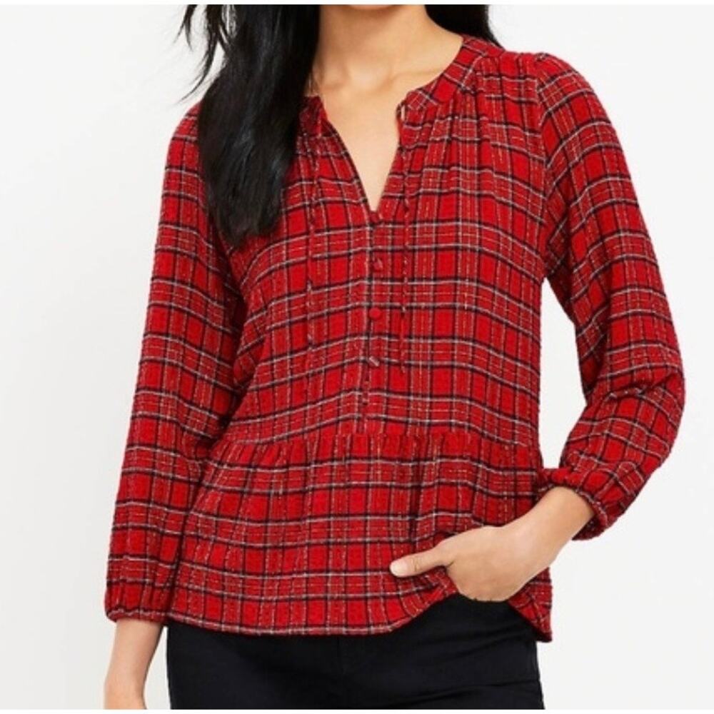 LOFT Red Plaid + Shimmer Silver Holiday Peplum Top Size Medium